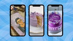 three cell phones with cakes on them and the same one has a purple frosted cake