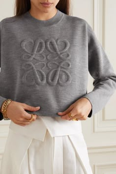 Monogram Sweater, Fashion Design Template, Embroidered Wool, White Lace Top, Shirt Embroidery, Looks Chic, Wool Blend Sweater, Minimal Fashion, Fashion Sewing