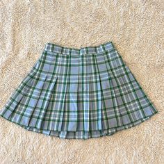 Aerie Blue And Green Plaid Pleated Mini Skirt Size Medium Nwt Very School Girl, Side Button And Zipper, Back Of The Waistband Is Elastic For Some Stretch Length 15” Blue And Green Plaid, Plaid Pleated Mini Skirt, Shein Outfits, Striped Skirt, Pleated Mini Skirt, Green Plaid, Blue And Green, Mini Skirt, Blue Green