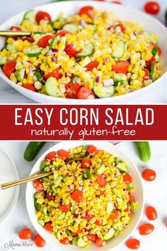 corn salad with cucumbers and tomatoes in a white bowl