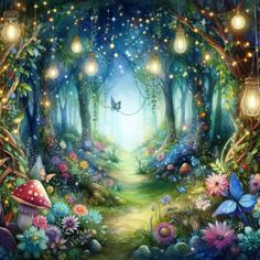 a painting of a forest with lights and flowers