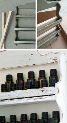 an old shelf has many bottles on it and is being used to store essential oils