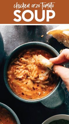 chicken tortilla soup in a bowl with bread on the side and text overlay that reads chicken tortilla soup