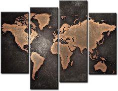 the world map is shown in gold and black tones on an aged metal surface,