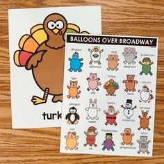 a turkey and other thanksgiving stickers on a wooden table with the words, balloons over broadway