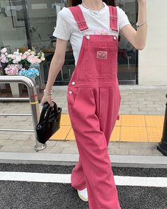 Loose Rose Pink Long Denim Jumpsuit – Nada Outfit Land Girly Style Aesthetic Outfits, Pink Overalls Aesthetic, Girly Overall Outfits, Colored Overalls Outfit, Pink Dungarees Outfit, Denim And Pink Outfit, Jumpsuit Outfit Aesthetic, Jumpsuit Overalls Outfit, Colorblock Overalls