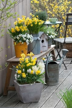 yellow and white flowers are in buckets on a table next to a birdhouse