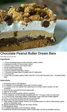 chocolate peanut butter dream bars recipe on a white plate with text overlay that reads, chocolate peanut butter dream bars