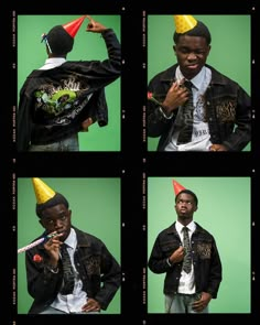 four different shots of a young man wearing party hats