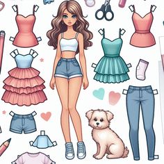 a paper doll with clothes and accessories for her