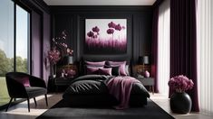 a bedroom decorated in black and purple tones