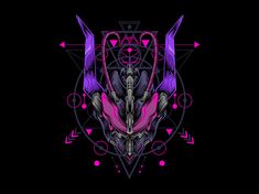 an abstract design with pink and purple accents on a black background in the shape of a demon's head