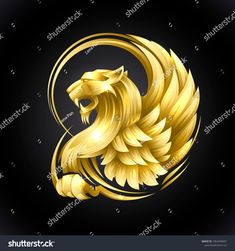 golden lion head on black background with swirls in the shape of an animal's head