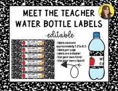 a bottle label with the words meet the teacher water bottles and an apple on it