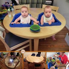 there are pictures of babies in highchairs at the table and on the floor