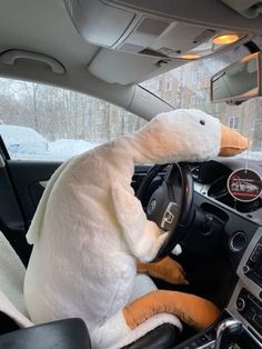 a stuffed animal sitting in the driver's seat of a car