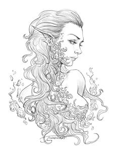 a drawing of a woman with long hair and flowers on her head, in the water