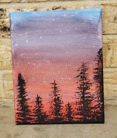 an acrylic painting of pine trees against a pink and blue sky with stars