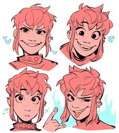 four different poses of the same person with pink hair and red eyes, one is pointing at