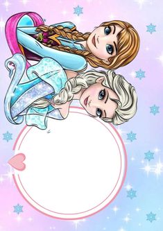 two frozen princesses sitting on top of each other with snowflakes in the background