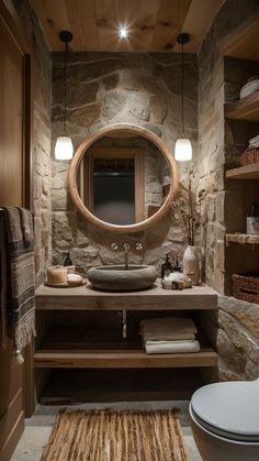 Bathroom design | Bathroom inspiration | Bathroom remodel Bathroom With Rock Wall, Mountain House Master Bath, Rustic Bathroom Shower Tile Ideas, River Rock Bathroom Ideas, Luxury Cabin Bathroom, Rock Bathroom Ideas, Croatian House, Oasis Bathroom