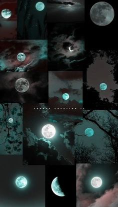 many different images of the night sky with moon and clouds in them, all showing different colors