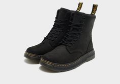 Bring a utility-inspired edge to your rotation with these men's Crewson boots from Dr Martens. In a Black colourway, these boots have a smooth but durable Buffbuck nubuck leather upper for lasting wear. They have a tonal 8 eyelet lace-up fastening with padding around the cuff to lock you in, with a SoftWair sockliner for all-day comfort. They sit atop a lightweight midsole, with a tough rubber tread to keep you gripped. Signed off with a woven AirWair pull loop and the iconic Yellow welt stitching, with a DM's logo to the tongue. Dm Logo, Black Dr Martens, Sign Off, Jd Sports, Eyelet Lace, Nubuck Leather, Dr. Martens, Sport Fashion, Leather Upper