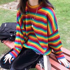 Rainbow Shirt Outfit, Rainbow Aesthetic Outfit, Rainbow Outfit Aesthetic, Pride Week, Aesthetic Rainbow, Estilo Harajuku, Y2k Aesthetic Fashion, Striped Knitted Sweater, Egirl Outfits