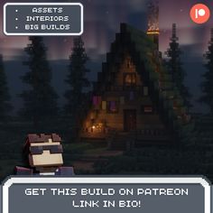 a screenshot of a house in the middle of a forest at night with text that reads, get this build on pixel link in edu