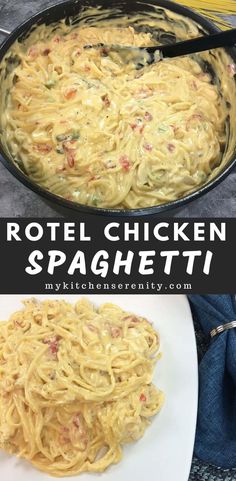 a pan filled with spaghetti and the words rotel chicken spagettti above it