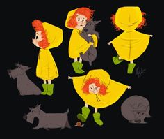 the little red haired girl is wearing yellow raincoats