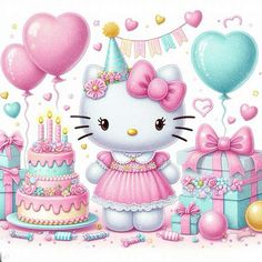 a hello kitty birthday card with balloons, presents and cake on the table next to it