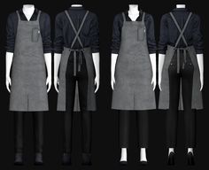 three mannequins wearing aprons and overalls, all in different positions