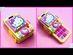 two pictures of hello kitty cell phones with buttons on them, one is yellow and the other is pink