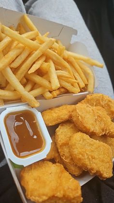 fried food with sauce and french fries on the side