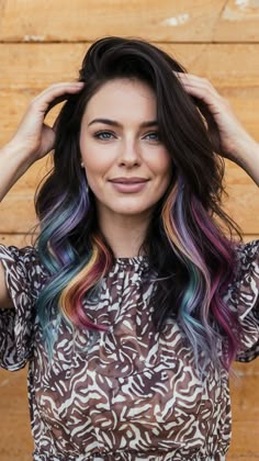 Brown And Blue Hair Peekaboo, Purple Highlights Brown Hair Peekaboo, Peekaboo Hair Color Pink And Purple, Blue And Purple Peekaboo Highlights, Purple Bangs With Black Hair, Brown Hair With Colored Highlights Fun, Vivid Color Peekaboos, Blue Purple Pink Hair Peekaboo Highlights, Purple Peekaboo Highlights