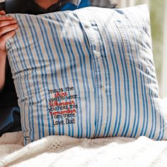 Custom Memory Pillow Made From Loved One's Clothing Plain Pillow, Keepsake Ideas, Coping With Loss, Memory Pillow, Memory Pillows, Special Clothes, One Clothing, Personalized Pillows, Embroidered Pillow