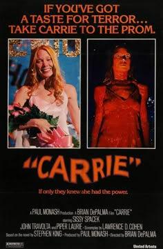 a movie poster for the film carrie with an image of two women and one man