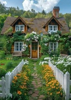 a house that is surrounded by flowers and greenery