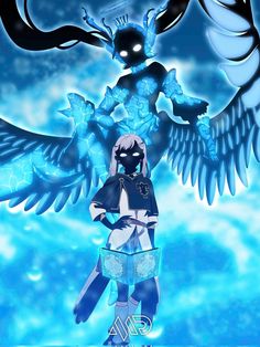 an anime character standing in front of two large blue birds with their wings spread out