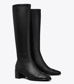 Cap-Toe Knee-High Boot: Women's Designer Boots | Tory Burch Cap Toe Boots, Womens Designer Boots, Toe Boots, Leather Cap, Fabulous Shoes, Footwear Design Women, Wallet Accessories, Handbag Shoes, Designer Boots