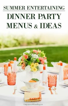 an outdoor dinner party with oranges and flowers on the table, surrounded by white plates