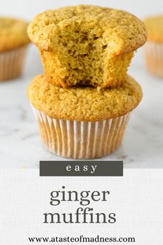 a muffin is cut in half and stacked on top of each other with the words, easy ginger muffins