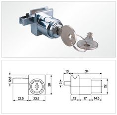 an image of a door lock with the measurements and drawing below it on white background