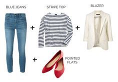 outfit formula: jeans, flats, breton and blazer What To Wear Today, Red Flats, Clothes And Shoes, Outfit Formulas, Striped Jeans, Looks Style, Look Chic, Get Dressed, Striped Shirt