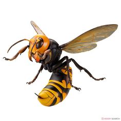 a yellow and black insect with large antennae on it's back legs, standing in front of a white background