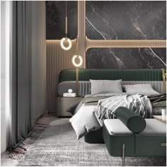 a modern bedroom with marble walls and flooring