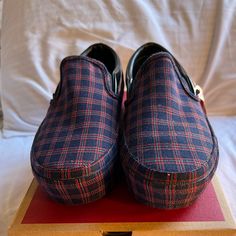 Never Worn Vans Platform Slip-Ons, With Box And Tag. Blue, Red, And Black Plaid With Black Patent Leather Sidewalls. Vans Platform, Platform Slip Ons, Canvas Sneakers Men, Floral Vans, Velvet Sneakers, Yellow Sneakers, Vans Black, Blue Sneakers, Red And Black Plaid