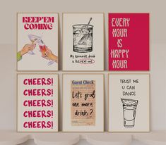 four posters with different types of alcohol and sayings on them, hanging on a wall