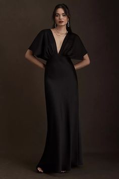 BHLDN Leila Deep-V Flutter-Sleeve Satin Gown | Anthropologie Charmeuse Dress, Black Bridesmaids, Bright Dress, Sleek Dress, Bride Groom Dress, Black Bridesmaid Dresses, Satin Gown, Satin Maxi, Satin Maxi Dress